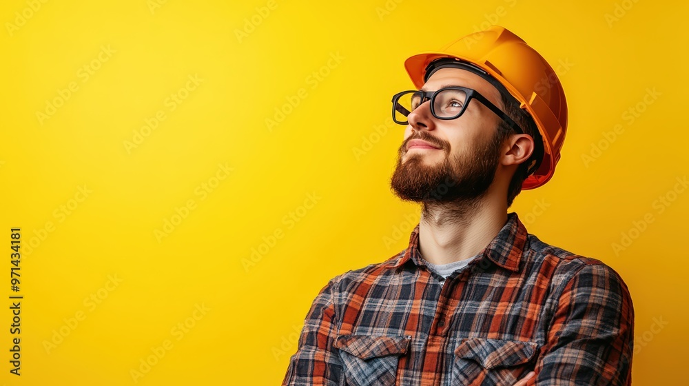 Worker admiring their project with pride, representing satisfaction from hard-earned achievement. Worker admiring their project with pride, representing satisfaction from hard-earned achievement.