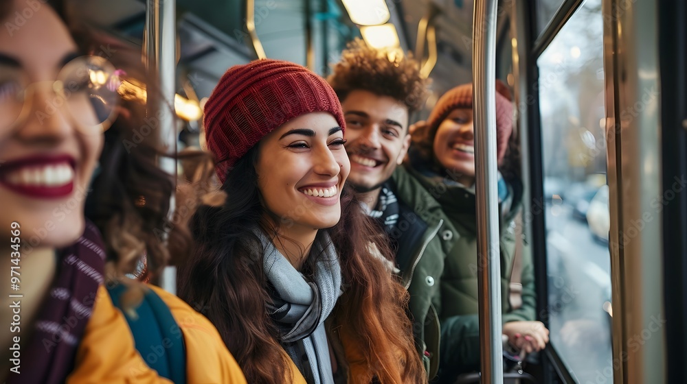 Group of Friends Embracing Eco Friendly Commute on Public Transit in the City Group of Friends Embracing Eco Friendly Commute on Public Transit in the City