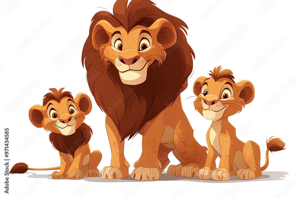 Three cartoon lions, a father and two cubs, smiling happily together. Three cartoon lions, a father and two cubs, smiling happily together.