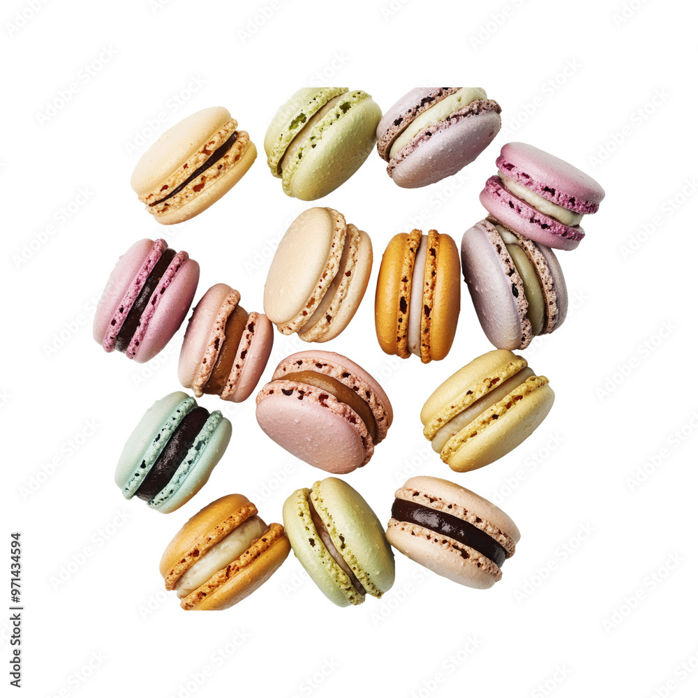 Colorful Macarons Falling on White Background Colorful Macarons Falling on White Background