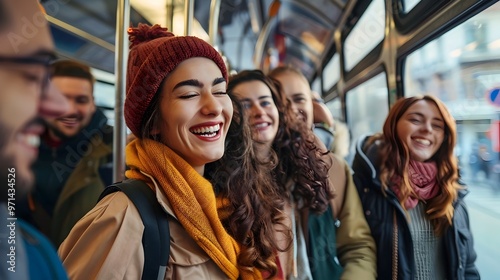 Friends Commuting Together on Public Transit Embracing Eco Friendly Lifestyle