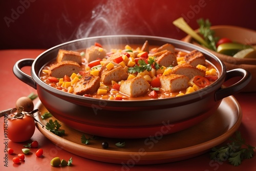 Closeup of big red saucepan with fresh hot ragout with meat, potatoes and vegetables isolated photo