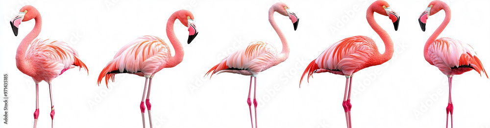 Naklejka premium A row of pink flamingos standing on a white background