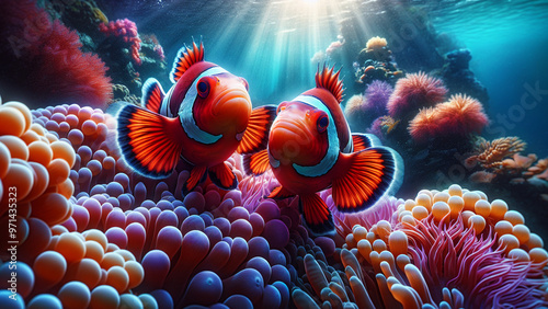 A vibrant underwater scene featuring two clownfish swimming among colorful corals and anemones, illuminated by sunlight filtering through the water. Perfect for marine life and nature-themed projects