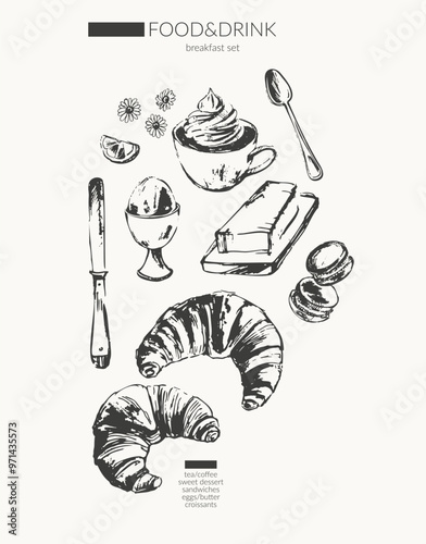 Hand drawn vector food ink sketch illustration. Coffee cup, breakfast croissant, egg, butter, sweet dessert, macarons