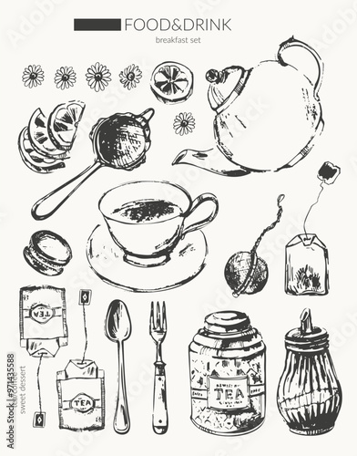 Hand drawn vector food ink sketch illustration. Tea, coffee, breakfast, teapot, cup, sieve, sugar bowl, tea box, teabag