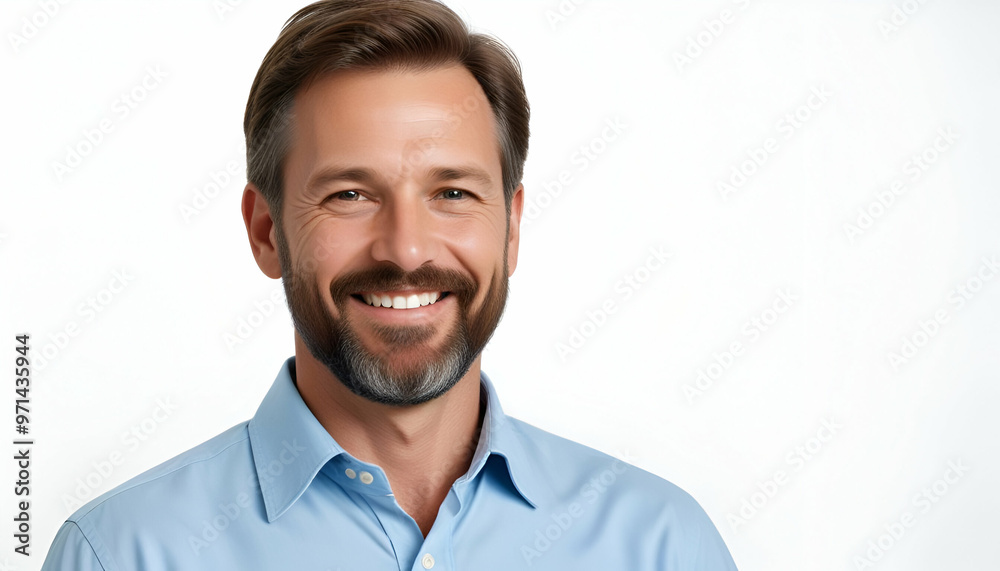 A smiling middle-aged Caucasian man with short brown hair and a full beard, wearing a light blue collared shirt against a plain white background A smiling middle-aged Caucasian man with short brown hair and a full beard, wearing a light blue collared shirt against a plain white background