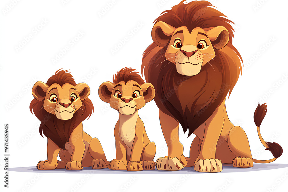 Three cartoon lions, a father and two cubs, sitting together in a friendly pose. Three cartoon lions, a father and two cubs, sitting together in a friendly pose.