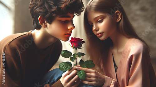 A young man and woman gently admire a red rose together, their expressions serene and contemplative. The soft lighting creates an intimate and warm atmosphere, emphasizing the shared connection and th