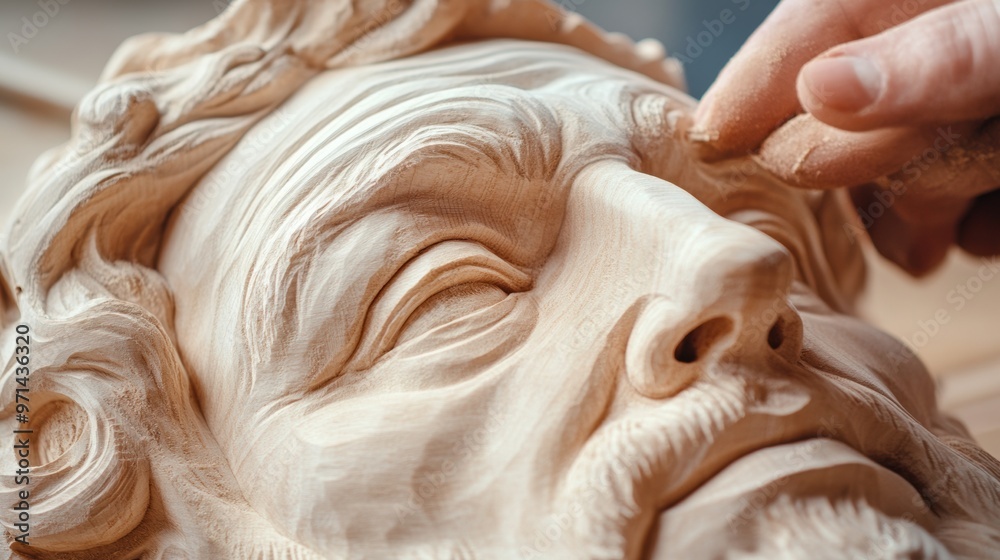 Naklejka premium A close up of a person putting something on the face of an old carved wood statue, AI