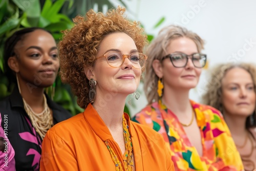 A diverse group of women smiling and attentively listening at a professional or social gathering.