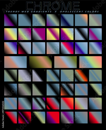 A grid of squares filled with a variety of chrome gradient with a metallic sheen. Designed to be used as a resource for art tools.