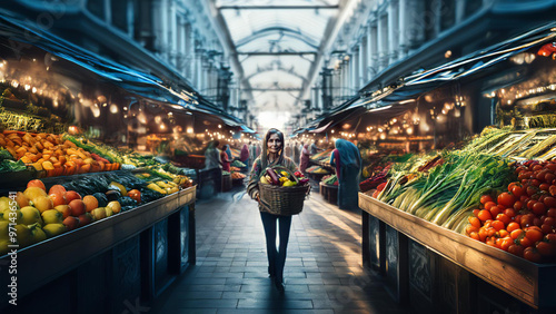 An elderly woman joyfully carries a basket of fresh produce through a vibrant, bustling market filled with colorful vegetables and lively vendors. Perfect for depicting cultural and market scenes