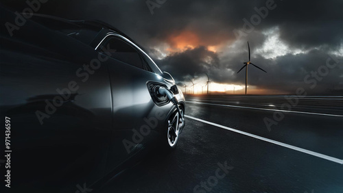 Electric vehicle charging with a backdrop of wind turbines at sunset, symbolizing clean energy and sustainability. A dramatic sky enhances the futuristic and eco-friendly theme of the image