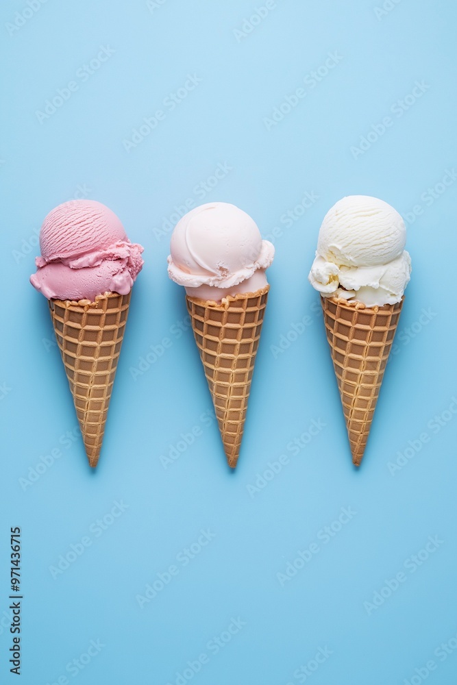 Three ice cream cones with vanilla, strawberry, and chocolate sprinkles Three ice cream cones with vanilla, strawberry, and chocolate sprinkles