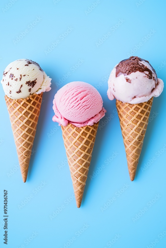 Three ice cream cones with vanilla, strawberry, and chocolate sprinkles Three ice cream cones with vanilla, strawberry, and chocolate sprinkles