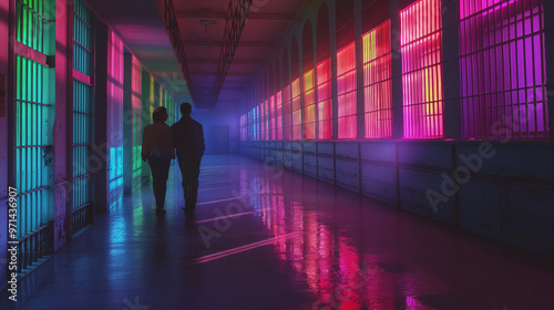 Two people walking in the hallway of a prison, with rainbow colors, holographic, neon lights, in a cinematic