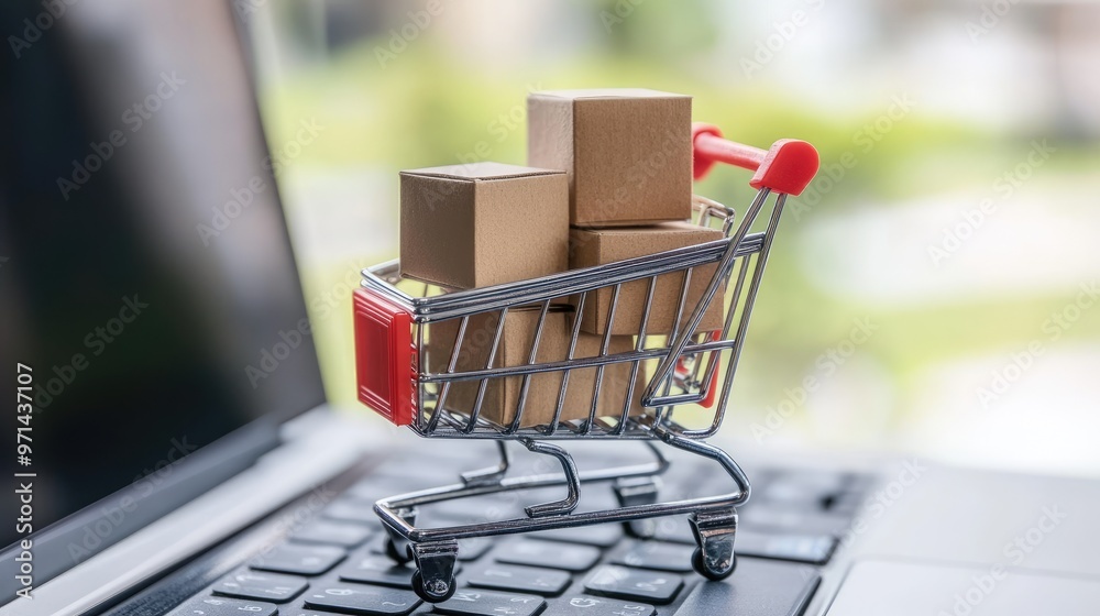 A miniature shopping cart filled with cardboard boxes sits on top of a laptop keyboard, symbolizing online shopping and e-commerce. A miniature shopping cart filled with cardboard boxes sits on top of a laptop keyboard, symbolizing online shopping and e-commerce.