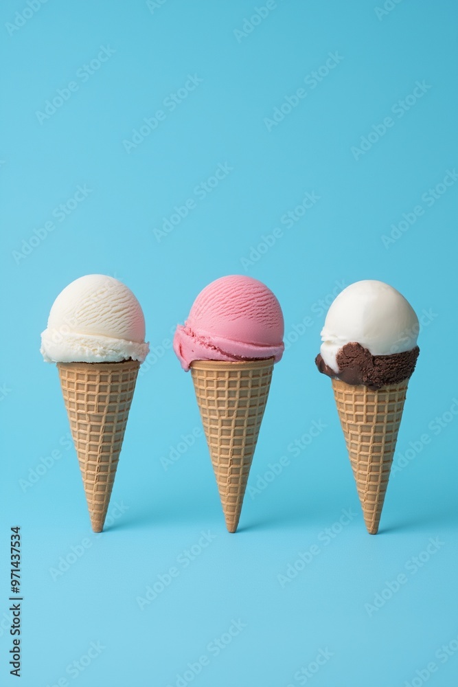 Three ice cream cones with vanilla, strawberry, and chocolate sprinkles Three ice cream cones with vanilla, strawberry, and chocolate sprinkles
