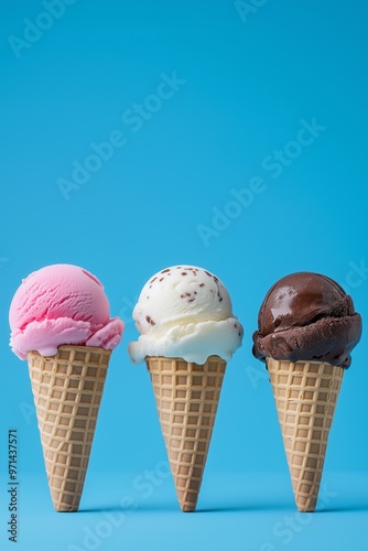 Three ice cream cones with vanilla, strawberry, and chocolate sprinkles