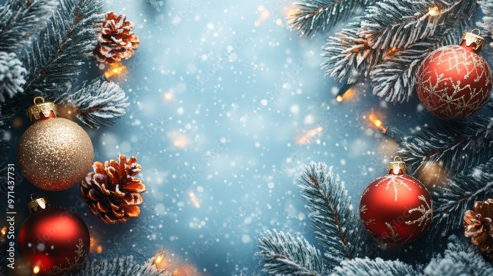 A lavish Christmas background with red and gold ornaments hanging on frosted branches, surrounded by glowing lights and gentle falling snow. A lavish Christmas background with red and gold ornaments hanging on frosted branches, surrounded by glowing lights and gentle falling snow.