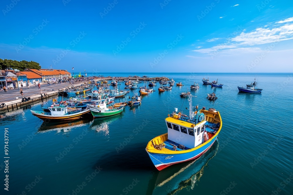 A bustling harbor at dawn, with fishermen preparing their boats, and the sea reflecting the soft, golden light of the rising sun A bustling harbor at dawn, with fishermen preparing their boats, and the sea reflecting the soft, golden light of the rising sun