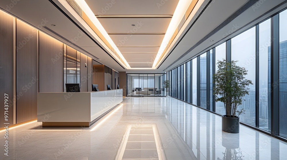 Modern Office Reception Area with City View Modern Office Reception Area with City View
