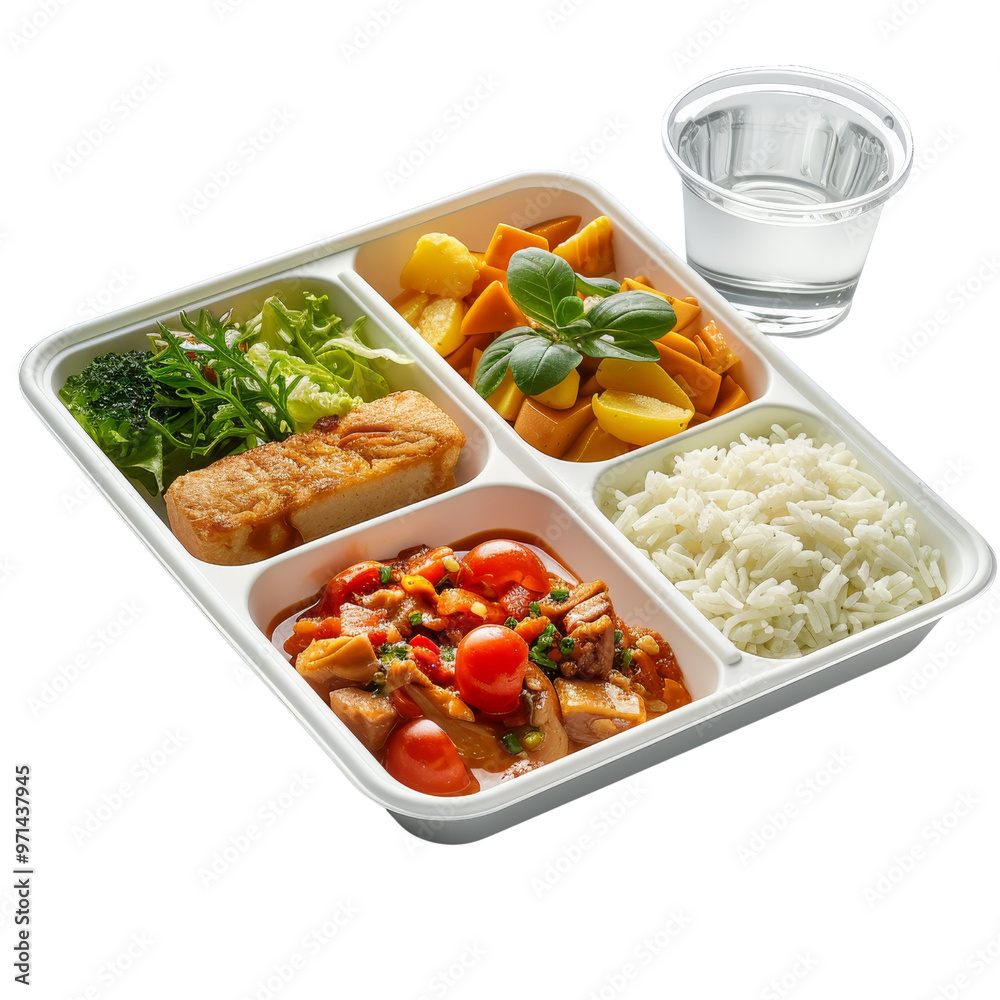 Nutritious meal tray with grilled fish, vegetables, rice, and a refreshing drink, isolated on white background, transparent background Nutritious meal tray with grilled fish, vegetables, rice, and a refreshing drink, isolated on white background, transparent background