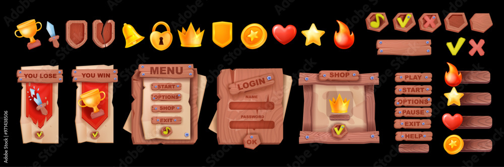 Wooden UI game frame, vector timber sign board menu, RPG icon collection, rustic brown button kit. Mobile app screen set, vintage texture banner, interface design element. Wooden UI level item concept Wooden UI game frame, vector timber sign board menu, RPG icon collection, rustic brown button kit. Mobile app screen set, vintage texture banner, interface design element. Wooden UI level item concept