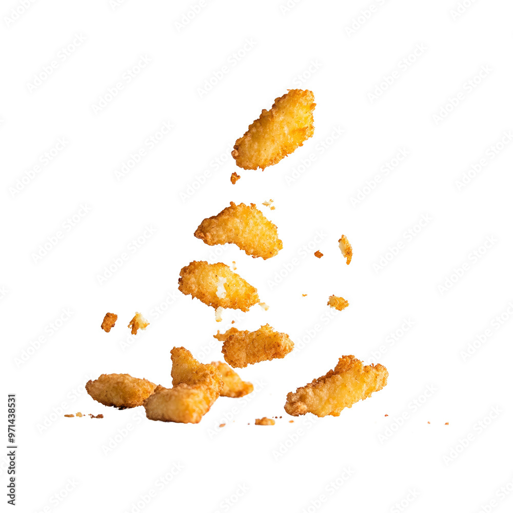 Crispy Fried Chicken Nuggets Falling on White Background Crispy Fried Chicken Nuggets Falling on White Background