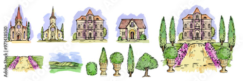 Sketch landscape elements, watercolor hand drawn vintage houses, old church facade, tree, bush. Romantic architecture wedding illustration, cottage garden, cypress valley. Engraving landscape elements
