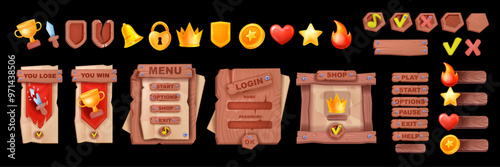 Wooden UI game frame, vector timber sign board menu, RPG icon collection, rustic brown button kit. Mobile app screen set, vintage texture banner, interface design element. Wooden UI level item concept