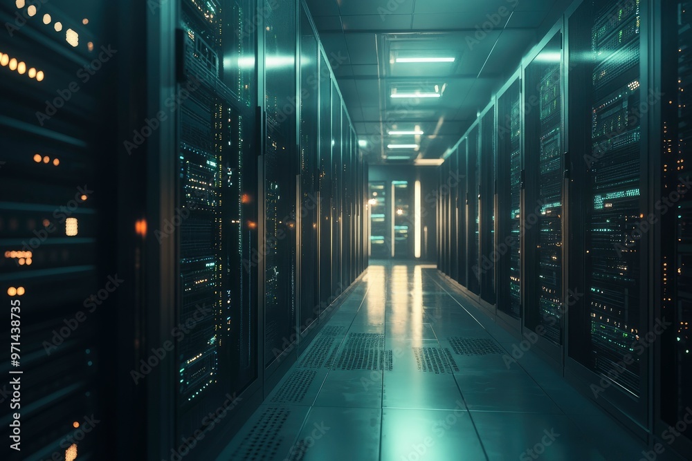 Fototapeta premium Network servers in data room Domestic Room. 3D rendering. Computer digital background with generative ai