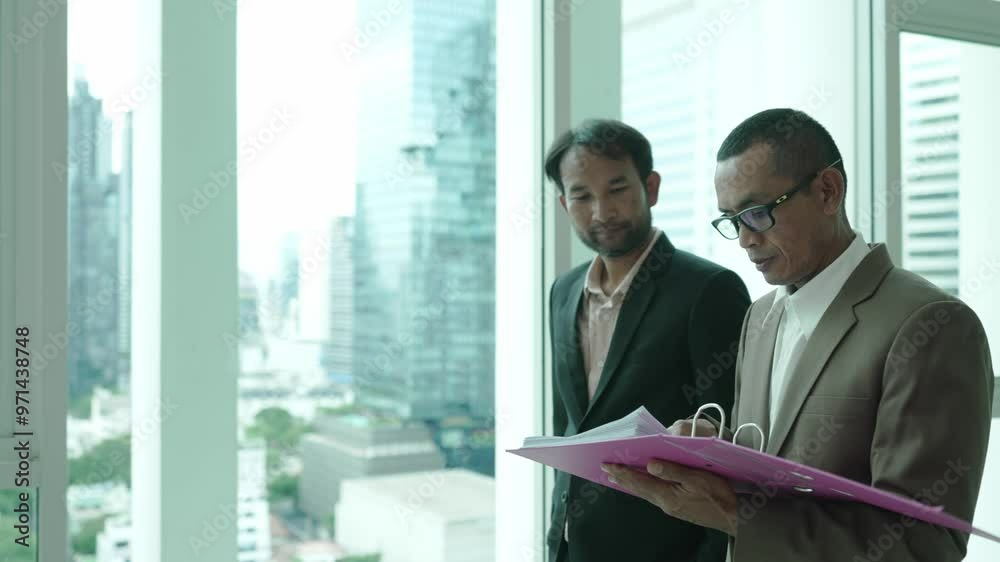 Two business professionals stand by a large window in an office, reviewing documents in a folder. The cityscape in the background reflects a corporate and urban environment. Two business professionals stand by a large window in an office, reviewing documents in a folder. The cityscape in the background reflects a corporate and urban environment.