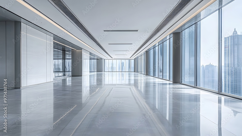 Fototapeta premium Modern Office Corridor with Floor-to-Ceiling Windows and City Views