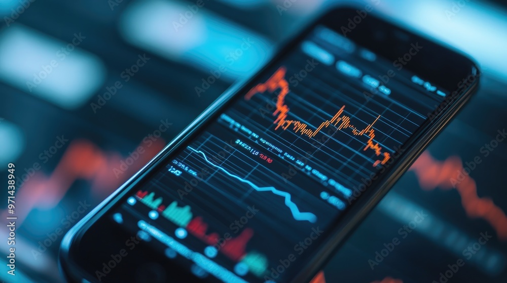 A high-angle view of a smartphone displaying a stock market app with real-time graphs, showing a sharp upward trend in stock prices. A high-angle view of a smartphone displaying a stock market app with real-time graphs, showing a sharp upward trend in stock prices.