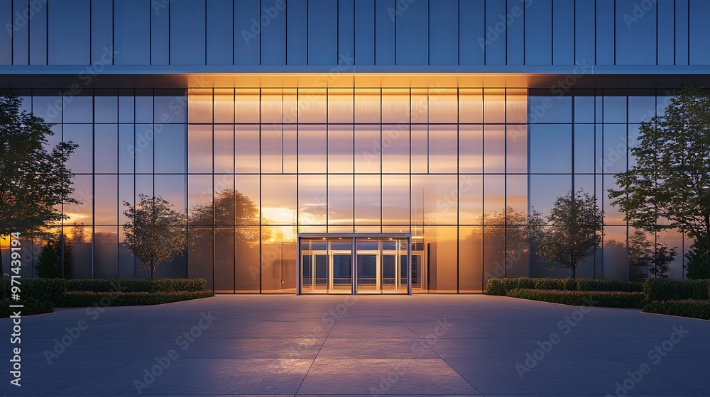 Fototapeta premium Modern building entrance with glass facade and sunset reflection