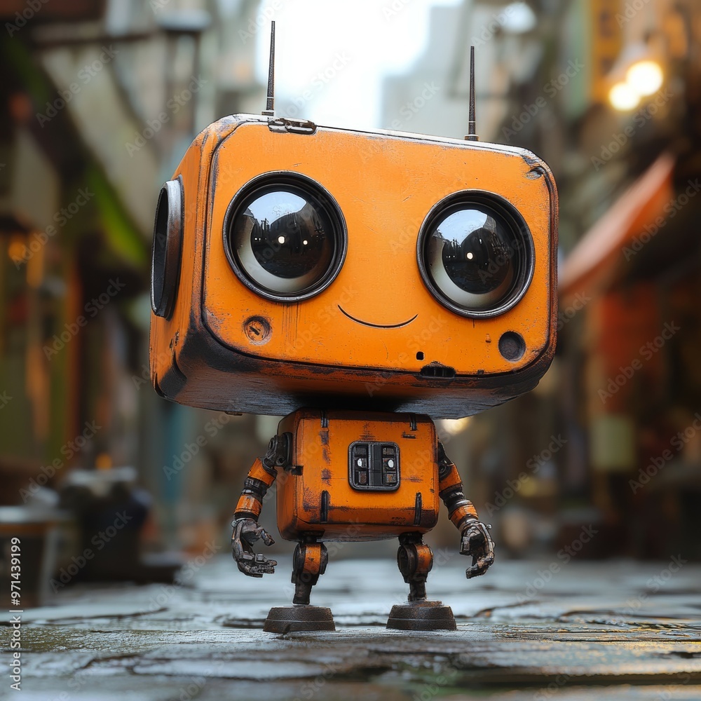 Cute Orange Robot with Big Eyes Standing on Wooden Floor Cute Orange Robot with Big Eyes Standing on Wooden Floor