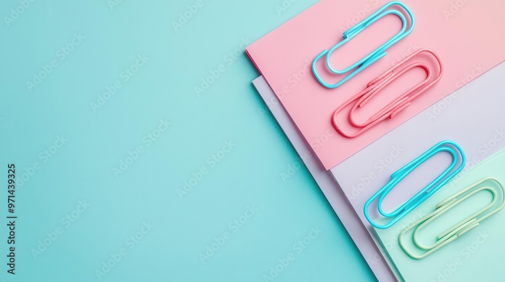 Smooth pastel-colored paper clips on a stack of blank paper sheets, stationery, pastel office Smooth pastel-colored paper clips on a stack of blank paper sheets, stationery, pastel office