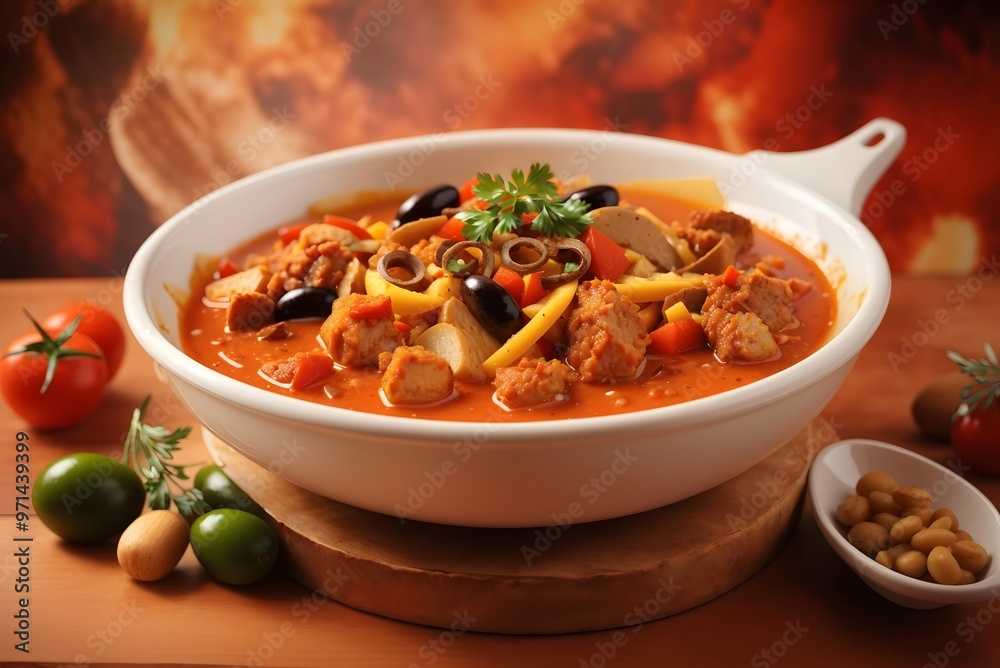 Closeup of big red saucepan with fresh hot ragout with meat, potatoes and vegetables isolated