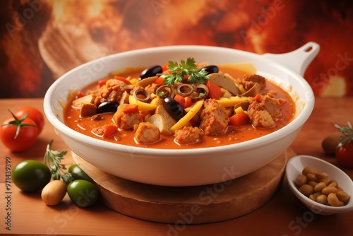 Closeup of big red saucepan with fresh hot ragout with meat, potatoes and vegetables isolated photo