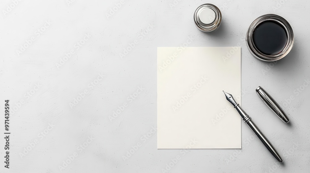 Stationery set with smooth ivory paper, silver fountain pen, and ink bottle, stationery, classical elegance Stationery set with smooth ivory paper, silver fountain pen, and ink bottle, stationery, classical elegance
