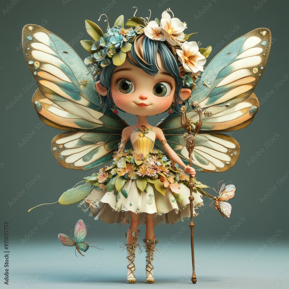 Cute Cartoon Fairy with Butterfly Wings and Flowers Cute Cartoon Fairy with Butterfly Wings and Flowers
