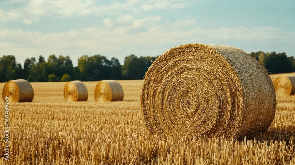 Rolls of hay in agricultural field in summer. Rolls of hay in agricultural field in summer.