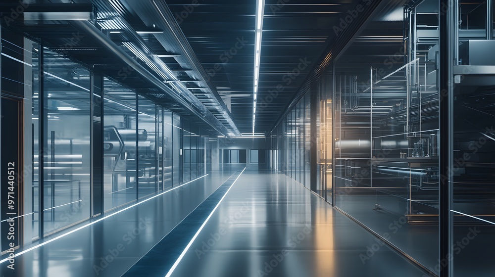 A Futuristic Glass Corridor with White Neon Lights