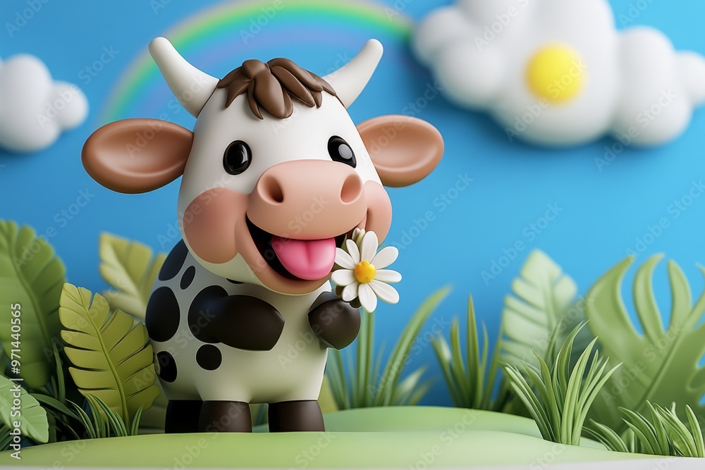 A cute 3D cartoon cow holding a flower in its mouth, tongue out, and standing on a hill with a bright rainbow overhead A cute 3D cartoon cow holding a flower in its mouth, tongue out, and standing on a hill with a bright rainbow overhead