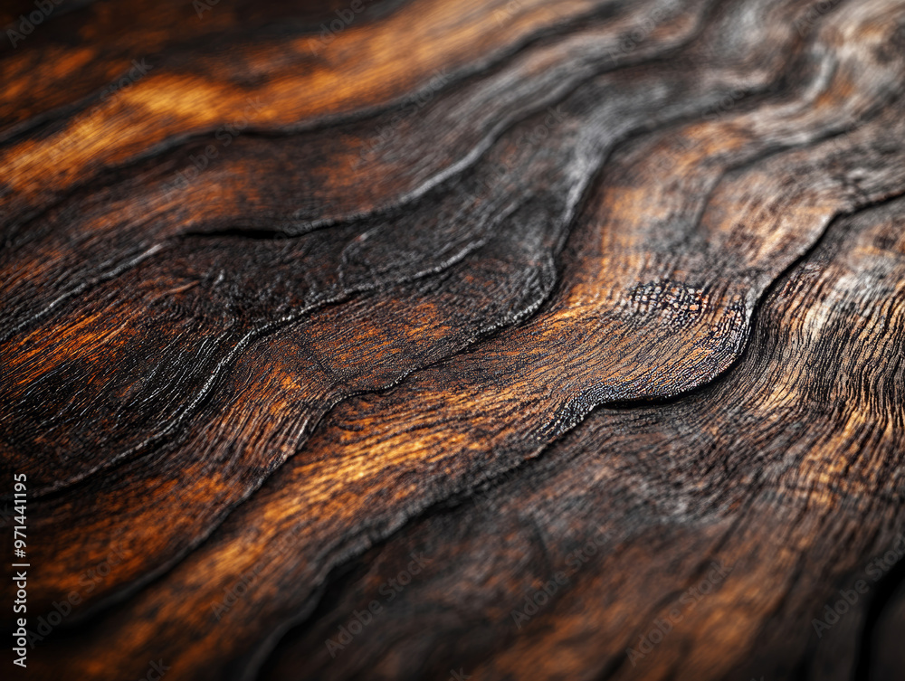 Fototapeta premium Close-up of textured wooden surface with dark, wavy organic patterns and rich brown tones, highly detailed weathered wood grain background for design, rustic wood art texture, natural abstract wooden 