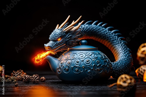 A dragon curled around a teapot, warming the tea with its fiery breath, in a fantasy tea-drinking ritual