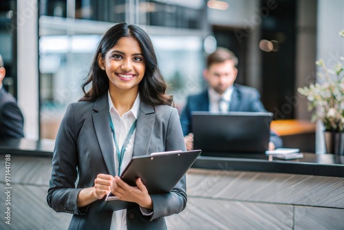 Friendly Indian Receptionist with Clipboard 