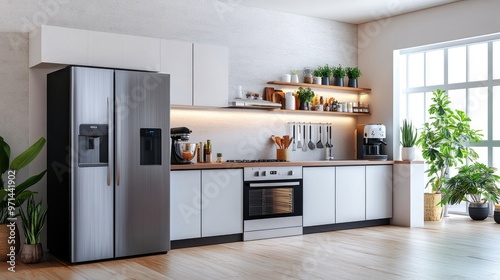 A high-resolution image of a modern kitchen with various electrical appliances, including a sleek refrigerator, oven, and coffee maker, showcasing a stylish and functional space. photo